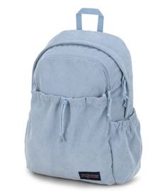 a blue backpack with straps on the front and side pockets, sitting against a white background