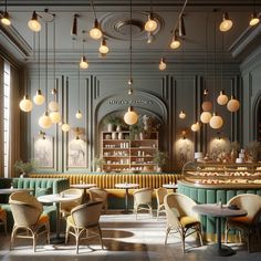 the interior of a restaurant with green and yellow chairs, round tables and hanging lights