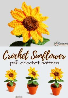 the crochet sunflower pattern is shown in three different colors