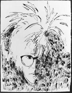 a black and white drawing of a person wearing glasses with feathers on their head in the background