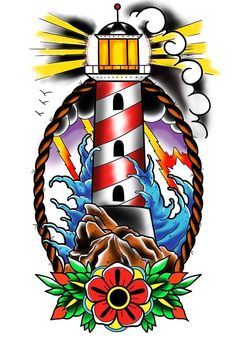 a tattoo design with a lighthouse and flowers