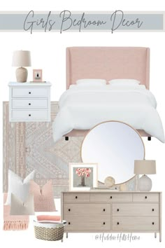 a bedroom with white furniture and pink accents, including a bed, dresser, mirror, lamp