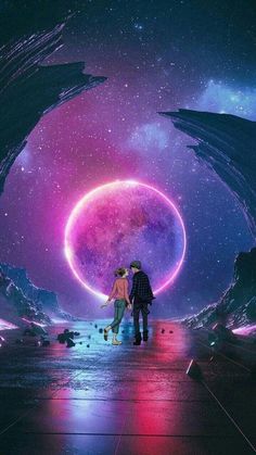 two people standing in front of a purple and blue space filled with stars, looking into the distance