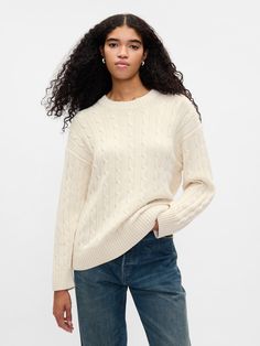 Soft cotton pullover cable-knit sweater.  Crewneck.  Long sleeves.  Fit: Over Round Neck Sweater, Sweater White, Cable Knit Cardigan, Cotton Pullover, Cable Knit Sweater, Knitted Pullover Sweaters, Sheer Fabrics, Quality Fashion, Knit Patterns