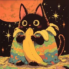 a painting of a cat sitting on top of a pillow with a banana in it