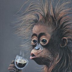 a drawing of a monkey holding a wine glass and looking at something in it's hand