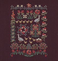 a cross - stitch pattern with birds and flowers on a purple background, in the shape of a square