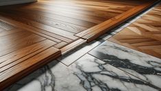 a wooden floor with white and black marble tiles on the bottom, next to a window