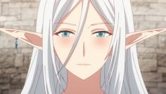 an anime character with long white hair and blue eyes looking at the camera in front of a brick wall