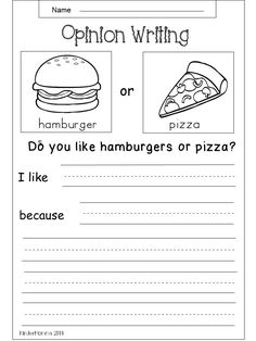 an opinion writing worksheet with two hamburgers and a slice of pizza on it