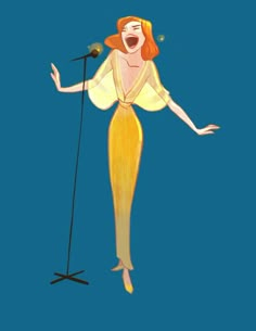 a drawing of a woman singing into a microphone