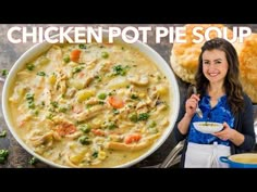 a woman standing in front of a bowl of chicken pot pie soup