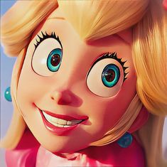 a close up of a cartoon character with big blue eyes and blonde hair, smiling