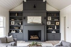 a living room filled with lots of furniture and a fire place in the middle of it