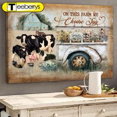 there is a painting on the wall of a farm with cows and chickens in it