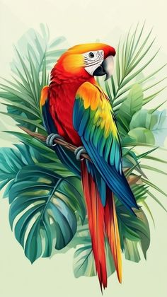 a colorful parrot sitting on top of a tree branch next to green leafy branches