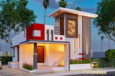 a modern style house with red and white accents