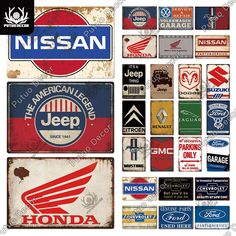 an assortment of vintage metal signs and stickers