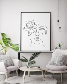 a living room with two chairs and a coffee table in front of a large poster