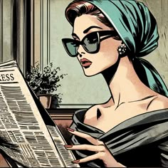 a woman in sunglasses reading a newspaper while wearing a headscarf on her head