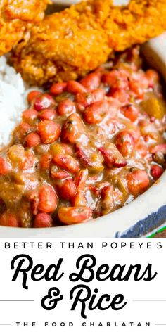 red beans and rice in a white bowl with the words, better than poppies