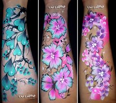 three different pictures of flowers painted on their hands and legs, one is blue and the other is pink