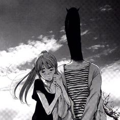 an anime character with long hair standing next to a woman