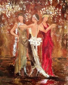 two women in evening gowns are standing next to each other