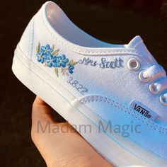 Custom Embroidered Forget-me-not Flowers Bridal Floral Authentic Vans Customized Made to Order Sneakers Handmade Shoes - Etsy Embroidered Vans, Bridal Sneakers, Tenis Vans, Vans Original, Wedding Sneakers, Authentic Vans, Diy Bridal, Embroidered Shoes, Dream Wedding Ideas Dresses