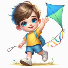 a little boy flying a kite in the air with blue eyes and a yellow shirt