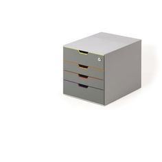 two drawers in grey with gold handles on each side and one drawer open to show the contents