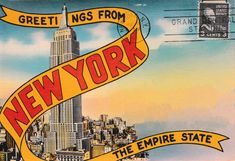 the new york postcard features an image of empire state in yellow and red, as well as words that read great nigs from new york