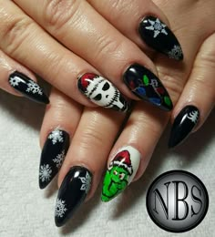 Acrylic Christmas nails with Jack skeleton Xmas lights the Grinch and snowflakes Jack Christmas Nails, Jack The Skeleton Nails, Easy Grinch Nails, Jack Skeleton Nails, Grinch Inspired Nails, Crazy Christmas Nails, Christmas Nails Grinch, Grinch Christmas Nails