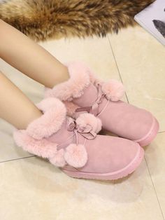 Middle Tube Artificial Fur Fluffy Ball Snow Boots Uggs - rrdeye Boots Uggs, Warm Winter Boots, Flats Shoes Comfortable, Winter Heels, Embellished Shoes, Snow Fashion, Fashion Shoes Sneakers, Pink Boots, Warm Boots