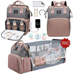 baby diaper bag with multiple compartments and accessories for the baby to carry in it