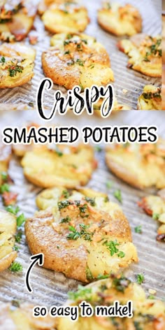 Crispy smashed potatoes on sheet pan topped with garlic, herb butter. Fingerling Smashed Potatoes, Roasted Potatoes Smashed, Golden Mashed Potatoes With Skin, Oven Roasted Smashed Potatoes, Smashed Golden Potatoes In Oven, Roasted Smashed Potatoes In Oven, Golden Potatoes In Oven, Smashed Golden Potatoes, Golden Potato Recipes