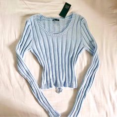 Pale Blue Outfit, Corey Mason, Light Pale Blue, Light Blue Sweatshirt, Open Back Sweater, Y2k Winter, Sleeved Sweater, Baby Blues, Winter Sweater