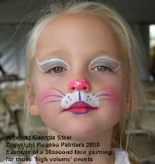 Good site for face painting inspiration. the orginal link for this picture is http://www.picassopainters.com/facepainting.html Face Painting Inspiration, Bunny Face Paint, Easter Face Paint, Obličejové Masky, Kids Face Paint, Face Painting Designs, Bunny Face, Facepaint, Cat Face