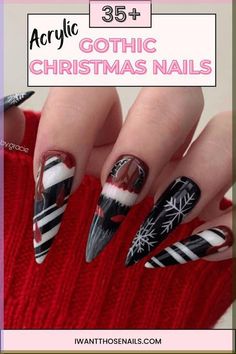 Get ready to sleigh this holiday season with these dark and mysterious gothic Christmas nails. With a touch of glitter and a dash of edge, your manicure will be the talk of every holiday party. Unleash your inner goth queen and make a statement nail that Santa won't soon forget! Gothic Christmas Nail Designs, Red Nails Black Design, Black Red Christmas Nails, Gothic Xmas Nails, Red Black Christmas Nails, Goth Christmas Nails Short, Black And Red Holiday Nails, Christmas Nails Red And Black, Christmas Nail Design Ideas