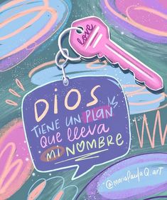 a pink key hanging from the side of a purple and blue sign that says dios