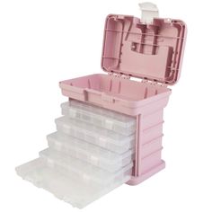 a pink plastic storage box filled with lots of clear containers on top of each other