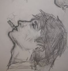 a pencil drawing of a man's head with his eyes closed and nose open