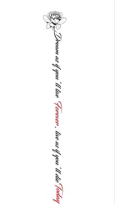 the words are written in red and black ink on a white paper with a rose