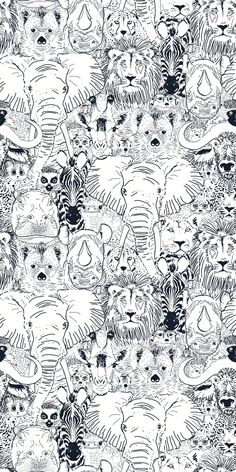 a black and white drawing of many different animals in the same pattern, all on one sheet