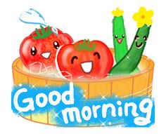 three tomatoes and two cucumbers in a basket with the words good morning on it