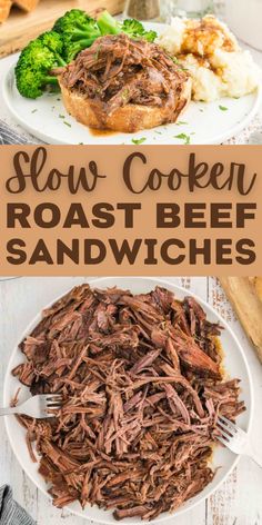 slow cooker roast beef sandwiches on a plate with broccoli and cauliflower