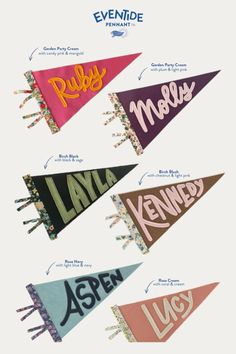 several pennants with names on them are shown in different colors and sizes, including the name