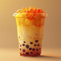 a plastic cup filled with jelly beans on top of a brown table next to a yellow wall