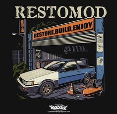 a car is parked in front of a building with the words restomod on it