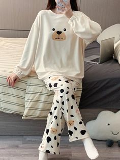 2pcs/Set Cute Bear Pattern Fleece Pajamas Set, Autumn & Winter Apricot Casual-Young  Long Sleeve Flannelette Animal,Cartoon  Slight Stretch Fall,Spring,Winter Women Sleep & Lounge, size features are:Bust: ,Length: ,Sleeve Length: Cute Pajamas For Women Winter, Fall Pijama, Cute Pajama, Drop Shoulder Cardigan, Cute Cardigans, Cute Pajamas, Fleece Pajamas, Animal Cartoon, Drop Shoulder Sweaters